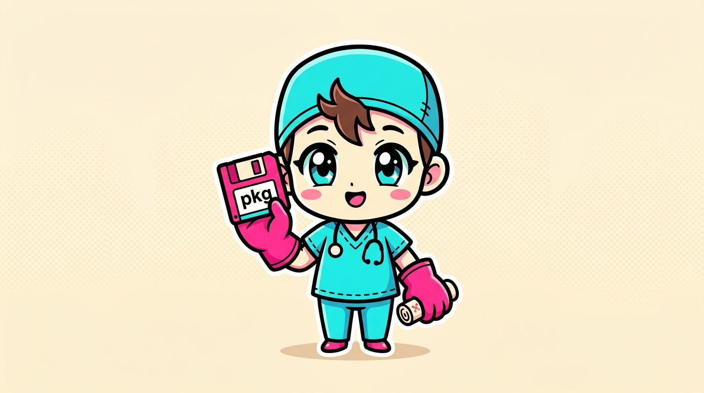 Chibi surgeon mascot holding a pkg floppy disk