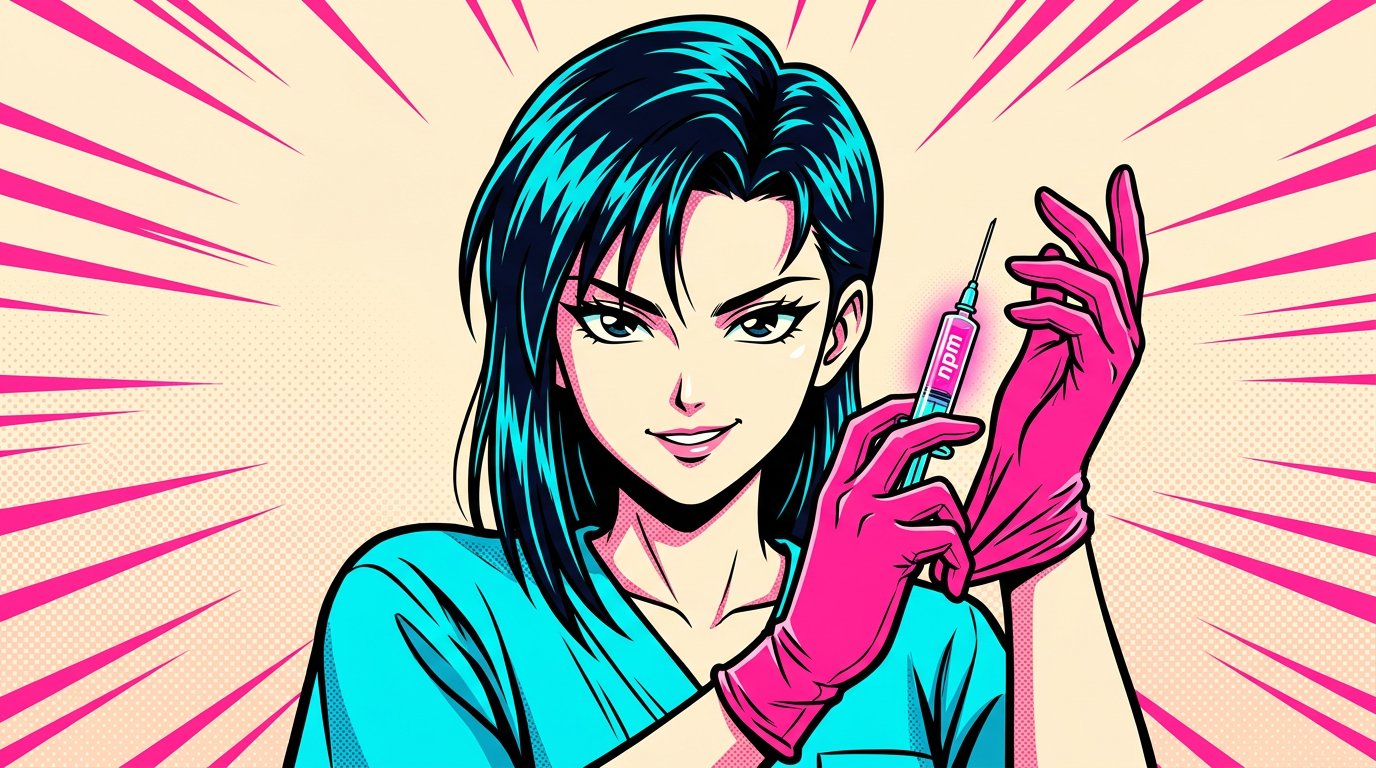 Anime surgeon mascot holding an npm syringe